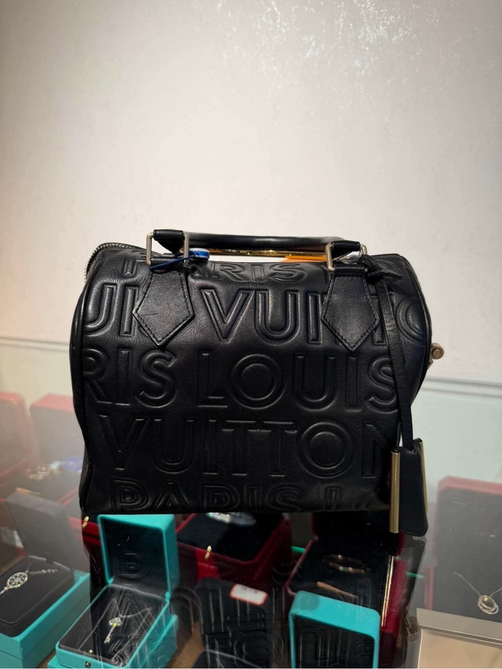 Louis Vuitton Black Embossed Leather Satchel with Gold Hardware